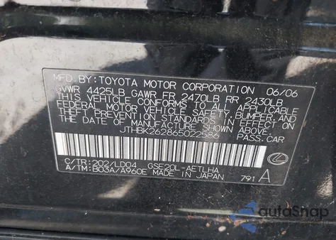 2006 Lexus Is 250 z USA, uszkodzony, nr VIN JTHBK262865022586